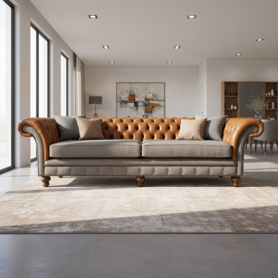 Canapé Chesterfield classique 4 places en marron - Design textile haut de gamme et élégant en cuir
