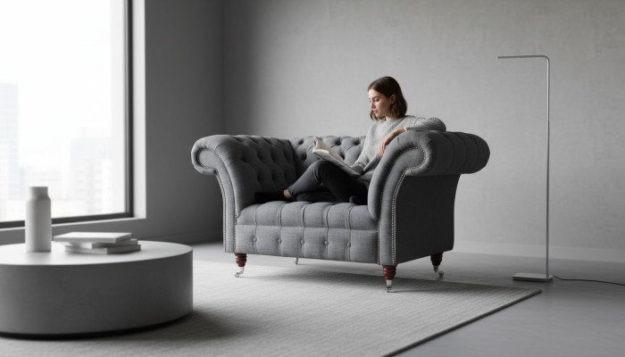 Fauteuil design Chesterfield gris Tissu de luxe 1 place