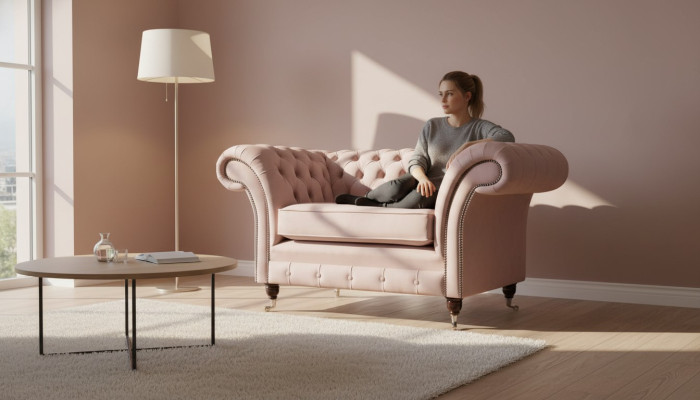 Fauteuil design Chesterfield en tissu rose de luxe 1 place