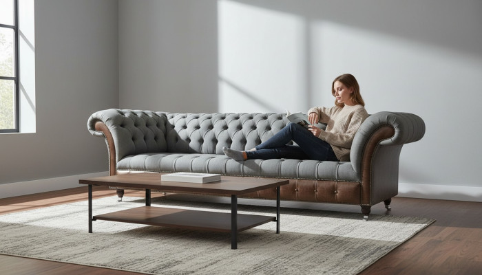 Canapé en tissu de luxe Chesterfield en anglais 4 places. Tissu de conception de rembourrage de canapé de canapé.