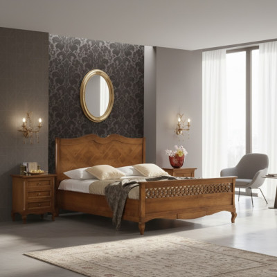 Lit 2x Tables de chevet 3 pièces. Nouvel ensemble de meubles de chambre en bois italien