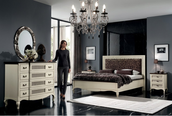Lit 2x Tables de chevet 5 pièces. Meuble italien Chambre à coucher Commode en bois.