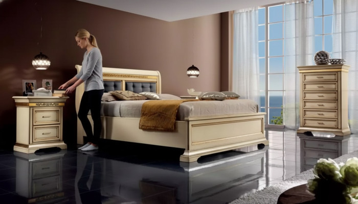 Conception de chambre à coucher complète Lit de luxe moderne 2x Tables de chevet Commode