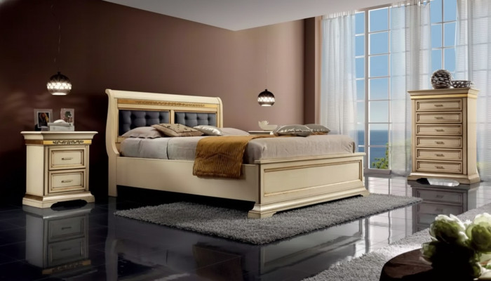 Conception de chambre à coucher complète Lit de luxe moderne 2x Tables de chevet Commode