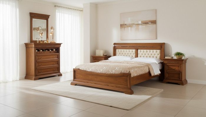 Lit Lit 2x Tables de chevet Bois Design Lits Chambre 5 pièces ensembles
