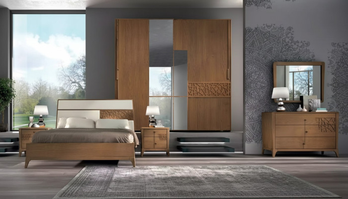 Ensemble de chambre 6 pièces. Lit de luxe 2x tables de chevet Armoire en bois neuf