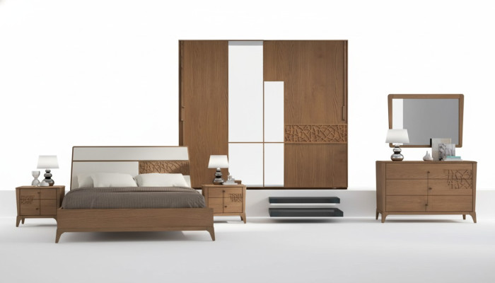 Ensemble de chambre 6 pièces. Lit de luxe 2x tables de chevet Armoire en bois neuf