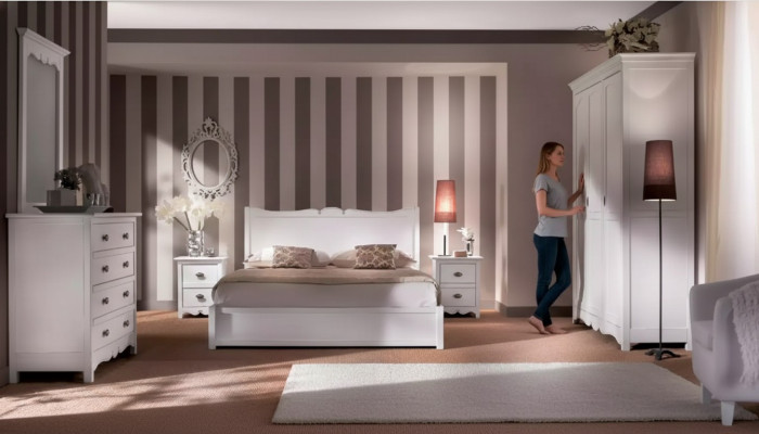 Chambre à coucher moderne Lit 2x Tables de chevet Commode Armoire Ensemble