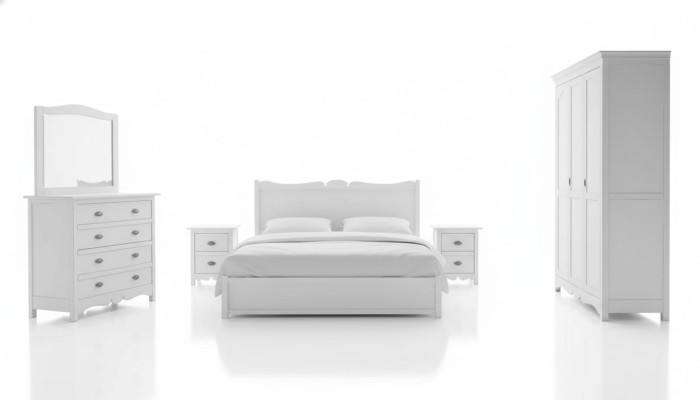 Chambre à coucher moderne Lit 2x Tables de chevet Commode Armoire Ensemble