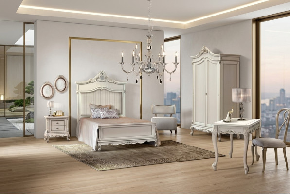 Ensemble de chambre à coucher Style Moderne Lit Table de chevet Bureau Mobilier 4 pièces.