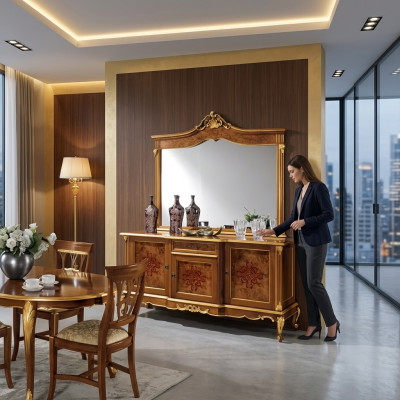 Set de meubles de style italien, deux pièces. Enfilade en bois massif avec miroir