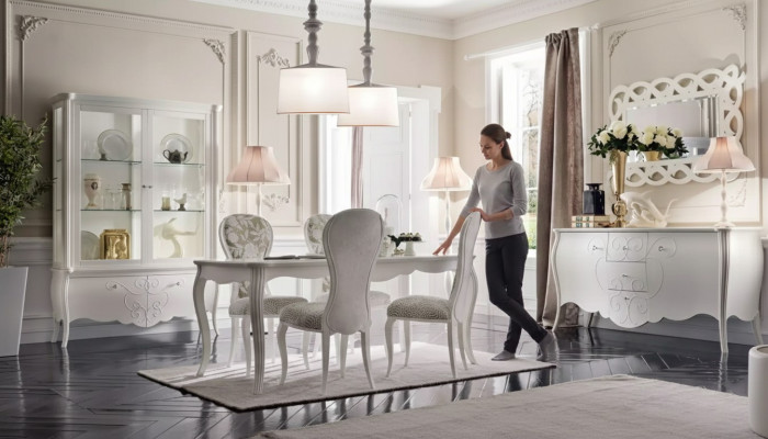Ensemble de salle à manger 8 pièces. Table à manger 4 chaises Buffet Miroir Suite Blanc