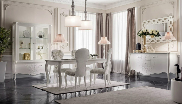 Ensemble de salle à manger 8 pièces. Table à manger 4 chaises Buffet Miroir Suite Blanc