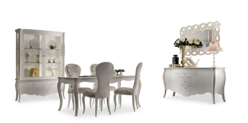 Ensemble de salle à manger 8 pièces. Table à manger 4 chaises Buffet Miroir Suite Blanc