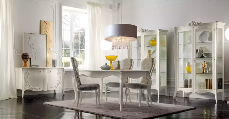 Ensemble de salle à manger de luxe 7 pièces en bois blanc Vitrine 4 chaises Table