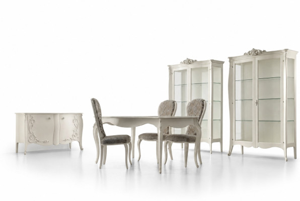 Ensemble de salle à manger de luxe 7 pièces en bois blanc Vitrine 4 chaises Table