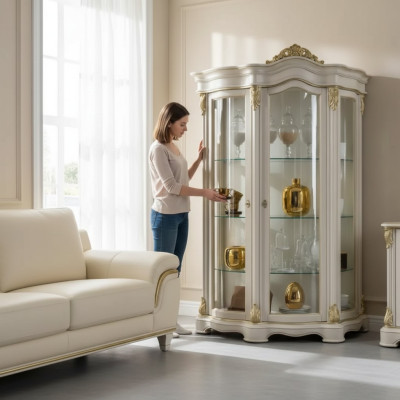 Vitrine armoire en bois classique blanc Design Armoires Salon en verre