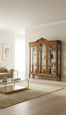 Vitrine classique en bois noble de luxe en verre avec étagères en bois.