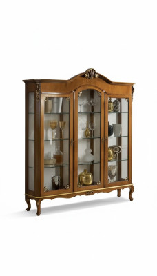 Vitrine classique en bois noble de luxe en verre avec étagères en bois.