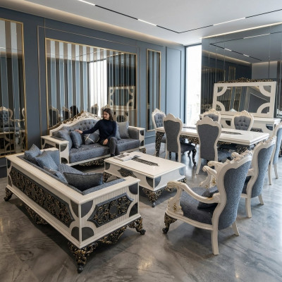 Ensemble de salon luxueux comprenant 2 canapés 3 places, deux fauteuils et une table basse.