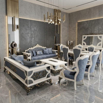Ensemble de salon luxueux comprenant 2 canapés 3 places, deux fauteuils et une table basse.