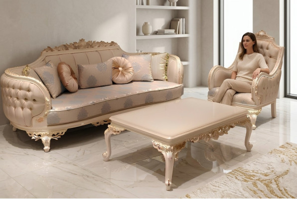 Salon confortable exclusif avec canapé 3 places moderne et 2 fauteuils design.