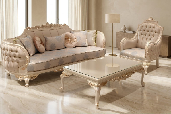 Salon confortable exclusif avec canapé 3 places moderne et 2 fauteuils design.