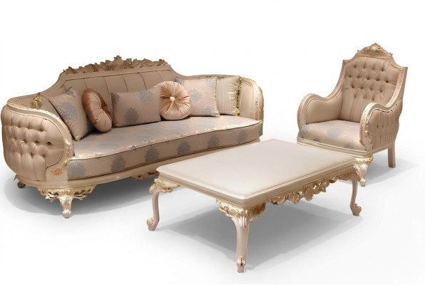 Salon confortable exclusif avec canapé 3 places moderne et 2 fauteuils design.