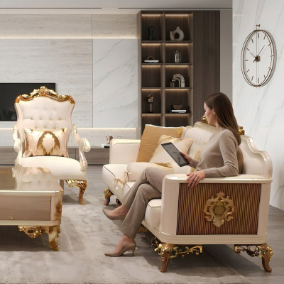 Ensemble de salon de luxe composé de canapé et de deux fauteuils.
