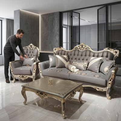 Élégant canapé avec fauteuil Canapé gris Relax Ensemble de meubles de salon 2 pièces