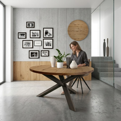 Salle à manger Table ronde en bois de style cuisine ronde moderne marron de 140 cm