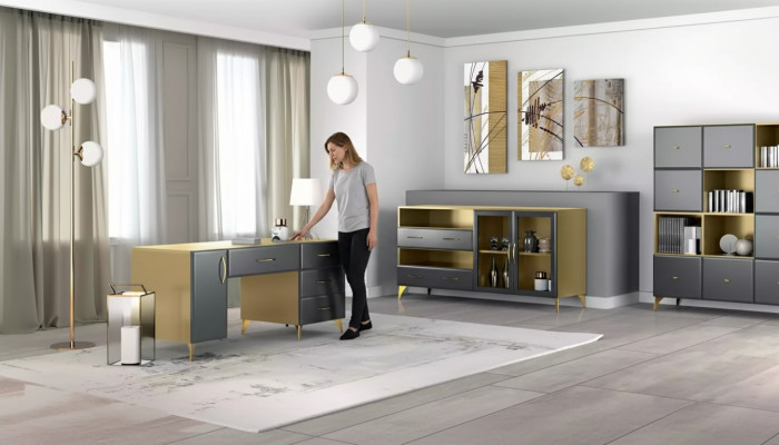Salle de séjour Ensemble Bureau Buffet Bibliothèque 3 pièces. Meuble Table Bois