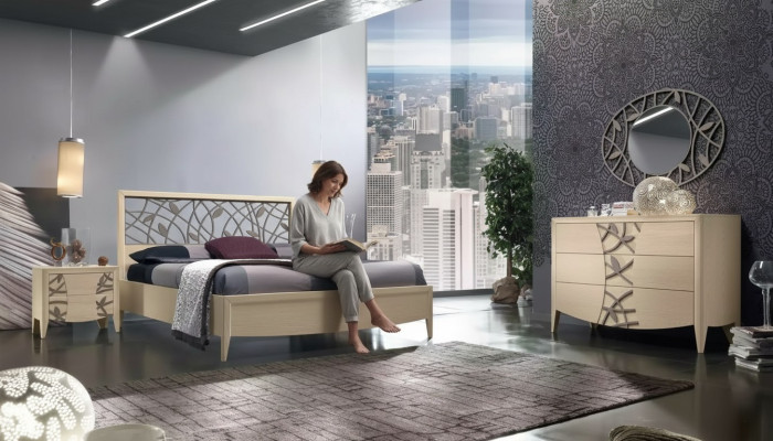 Ensemble de chambre à coucher lit complet 2x table de chevet commode 5 pièces neuf beige