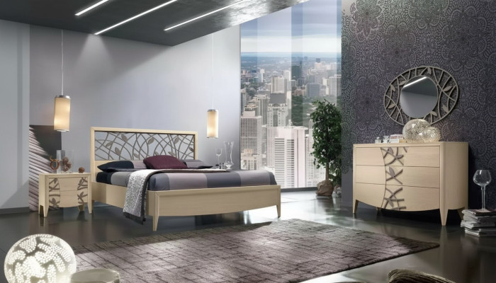Ensemble de chambre à coucher lit complet 2x table de chevet commode 5 pièces neuf beige