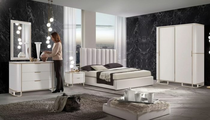 Lit 2x Tables de chevet Commode Ensemble de chambre à coucher 6 pièces Design Luxueux neuf