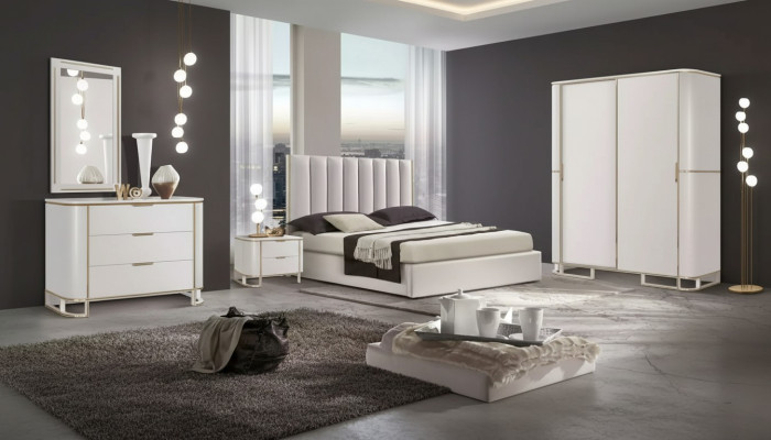 Lit 2x Tables de chevet Commode Ensemble de chambre à coucher 6 pièces Design Luxueux neuf