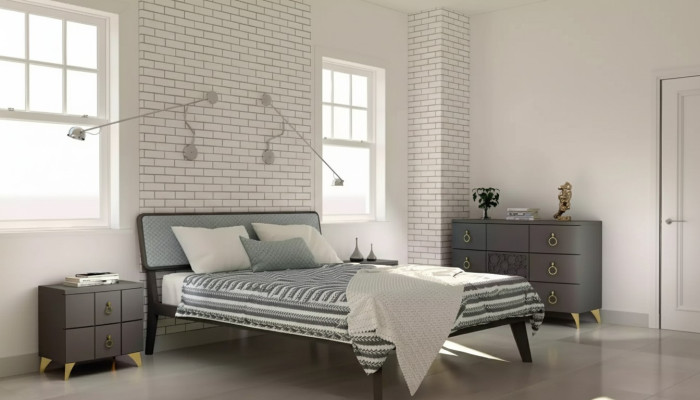 Ensemble de chambre à coucher Lit de luxe 2 tables de chevet Design gris Commode 3 pièces