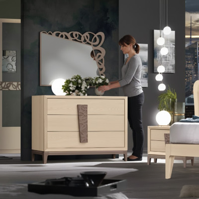 Chambre Luxueuse Ensemble de chambre Commode Miroir Mobilier design Beige 3 pièces Bois