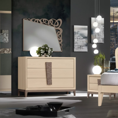 Chambre Luxueuse Ensemble de chambre Commode Miroir Mobilier design Beige 3 pièces Bois
