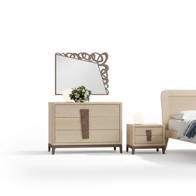 Chambre Luxueuse Ensemble de chambre Commode Miroir Mobilier design Beige 3 pièces Bois