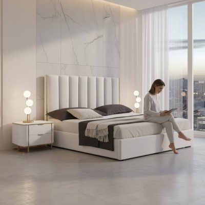 Ensemble de chambre à coucher Luxueux Lit 2x Tables de chevet Design blanc 3 pièces Moderne