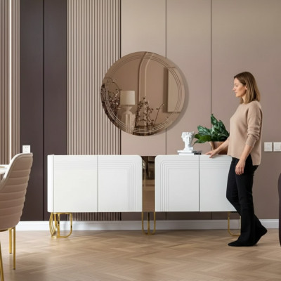 Buffet du salon Miroir Ensemble de luxe Moderne en bois blanc 2 pièces.