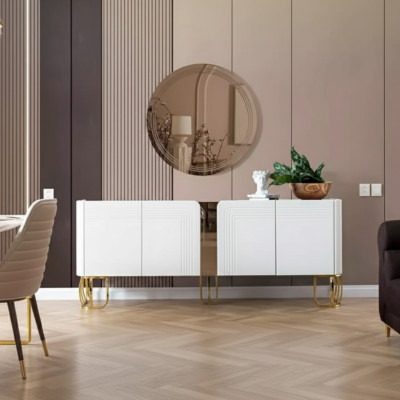 Buffet du salon Miroir Ensemble de luxe Moderne en bois blanc 2 pièces.