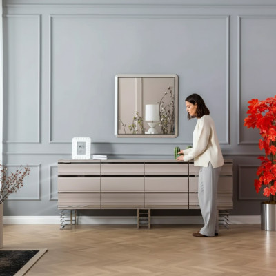 Salon beige Buffet Miroir Design Meubles Console Bois Designer