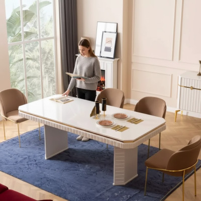 Salle à manger Table à manger 6x Chaise beige Ensemble de salon 7 pièces Meubles en bois de luxe