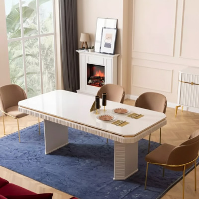Salle à manger Table à manger 6x Chaise beige Ensemble de salon 7 pièces Meubles en bois de luxe