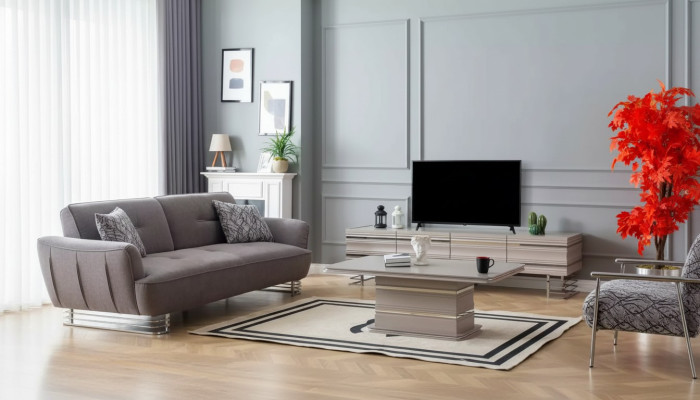 Ensemble de meubles de salon pratique comprenant un support TV mural, une table basse et un meuble de rangement.