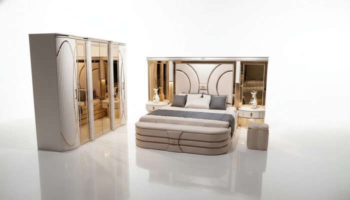 Chambre à coucher Ensemble Lit 2x Tables de chevet Tabouret Luxe nouveau Design en bois 5 pièces