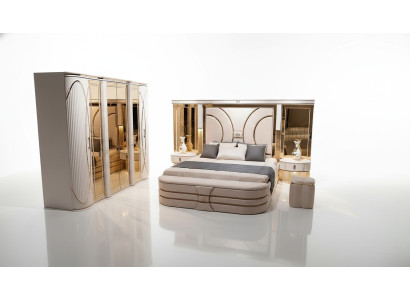 Chambre à coucher Ensemble Lit 2x Tables de chevet Tabouret Luxe nouveau Design en bois 5 pièces