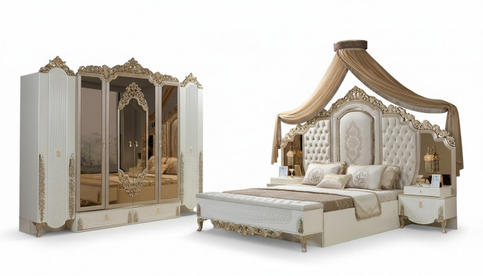 Chambre Set Lit 2x Tables de chevet Tabouret de luxe nouveau Design en bois 5 pièces